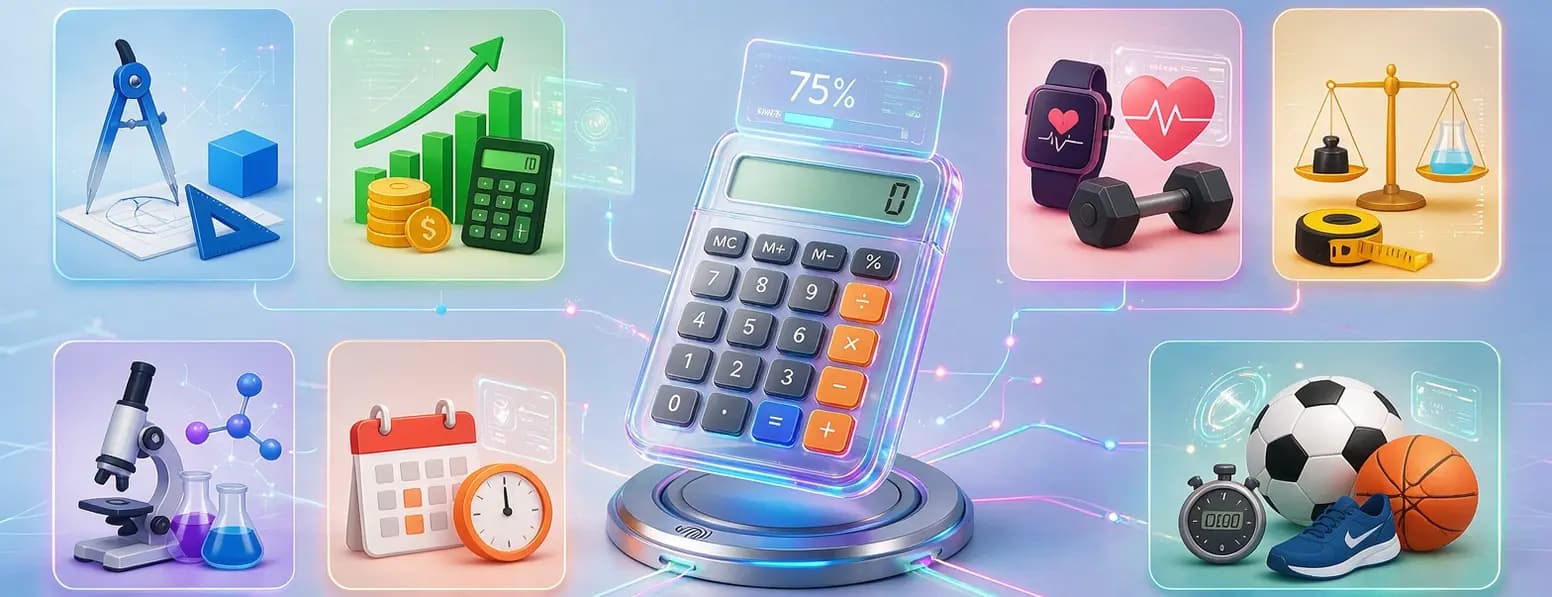 A calculator surrounded by icons representing mathematics, finance, health, science, date and time, and sports calculators